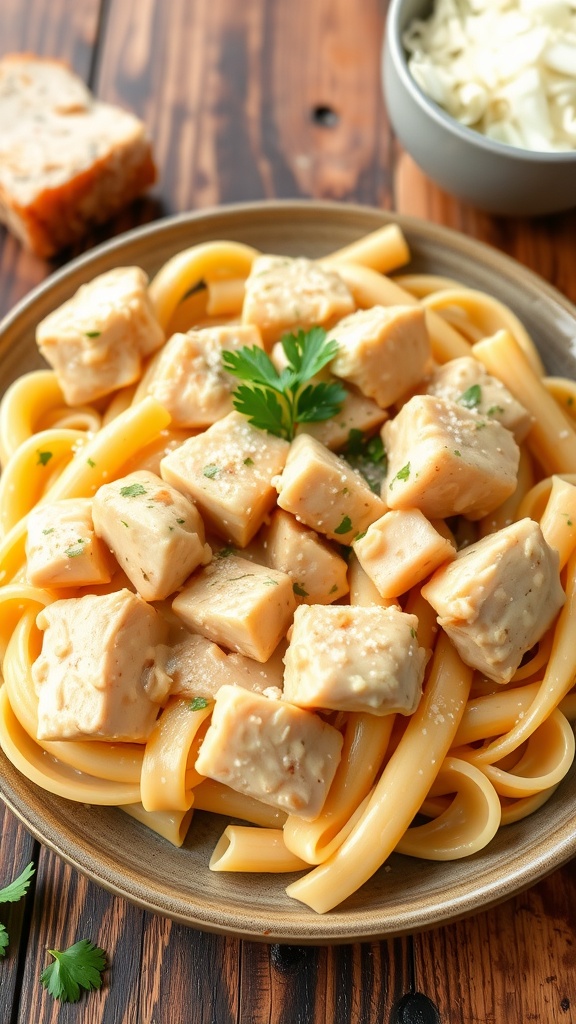 Creamy garlic parmesan chicken pasta garnished with parsley and cheese on a rustic wooden table.